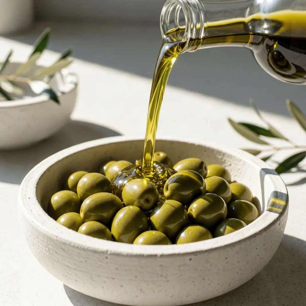 Aceite de oliva y aceitunas frescas